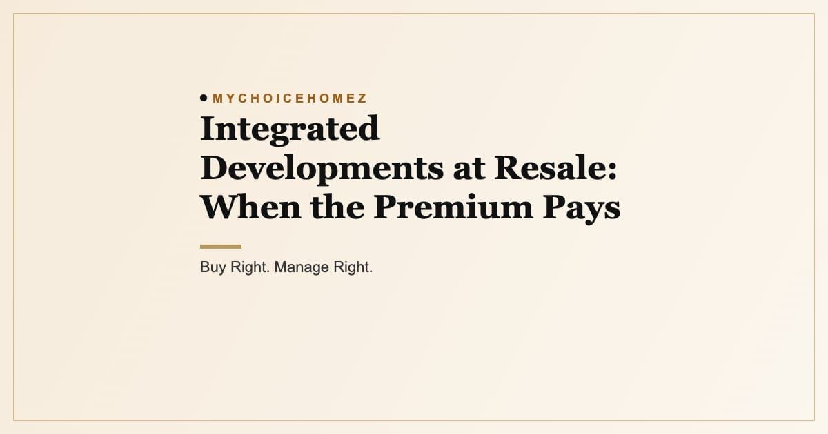 Cover graphic for the article 'Integrated Developments at Resale: When the Premium Pays', MyChoiceHomez, Buy Right. Manage Right.