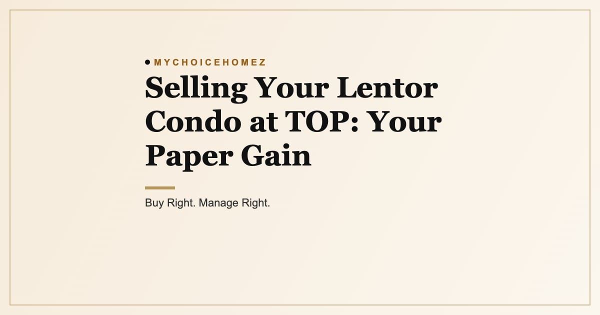 Cover graphic for the article 'Selling Your Lentor Condo at TOP: Your Paper Gain', MyChoiceHomez, Buy Right. Manage Right.
