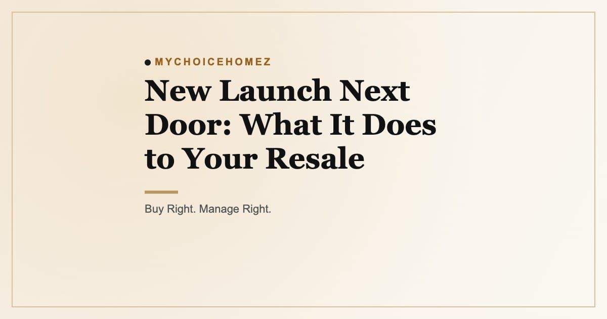 Cover graphic for the article 'New Launch Next Door: What It Does to Your Resale' — MyChoiceHomez, Buy Right. Manage Right.