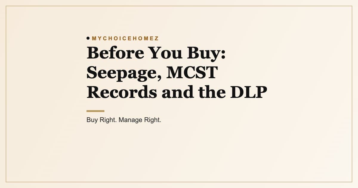 Cover graphic for the article 'Before You Buy: Seepage, MCST Records and the DLP', MyChoiceHomez, Buy Right. Manage Right.