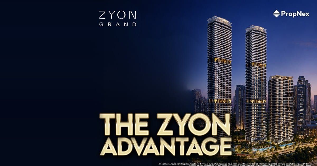 Night render of Zyon Grand's two 62-storey towers at Havelock MRT, River Valley, with the title The Zyon Advantage