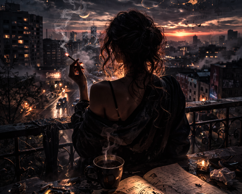 Ilustracija devojke na balkonu noću sa kafom i cigaretom, gleda u svetla grada, astrološka knjiga na stolu i natpis Škorpija na kofeinu.