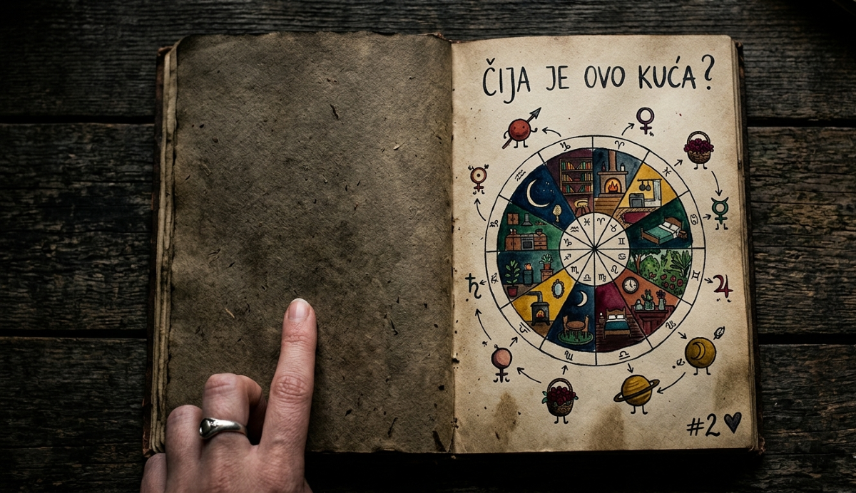 Fotografija otvorene beležnice na starom drvenom stolu. Na desnoj stranici je ručno nacrtan astrološki krug sa simbolima planeta i kućama koje izgledaju kao tople prostorije doma. Iznad piše „ČIJA JE OVO KUĆA?“, a u uglu je diskretan broj #2 sa srcem. Boje su zasićene i mračne: tamno plava, oker i terakota.