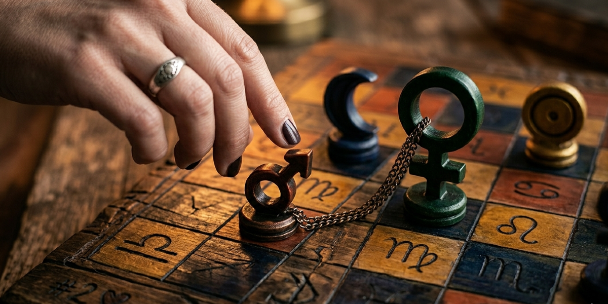 Krupan kadar ženske ruke sa srebrnim prstenom koja pomera tešku, bronzanu figuru sa simbolom Marsa na staroj drvenoj šahovskoj tabli. Polja na tabli su u zasićenim, mračnim tonovima terakote, okera i ponoćno plave, a iscrtana su simbolima zodijaka. U pozadini, na susednom polju, stoji dominantna smaragdno-zelena figura sa simbolom Venere koja kontroliše lanac povezan sa Marsom, simbolizujući odnos dispozitora. U donjem levom uglu table diskretno je urezan broj #2 sa malim srcem.