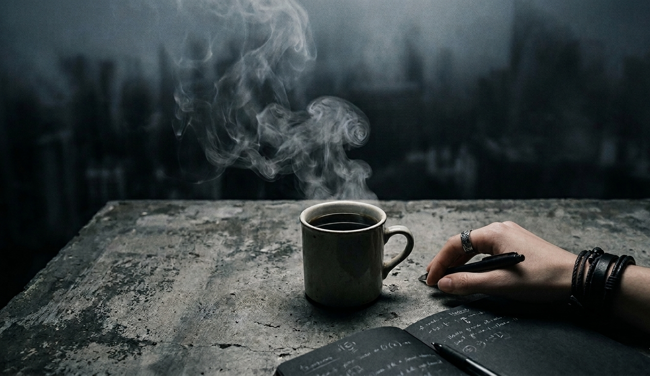 Ženska ruka sa kožnim narukvicama pored šolje crne kafe iz koje se puši para, na tamnoj betonskoj podlozi sa otvorenom beležnicom i astrološkim simbolima u maglovitom urbanom okruženju.