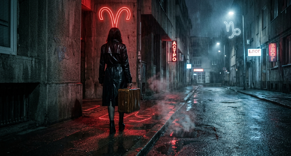 Žena u crnom mantilu sa koferom u ruci hoda mračnom, mokrom gradskom ulicom. Iznad nje svetli crveni neonski simbol Ovna, dok se u daljini vidi hladno plavi neonski simbol Jarca. Na zgradama su diskretni natpisi na ćirilici "ASTRO" i "BLOG", atmosfera je filmska i noir.