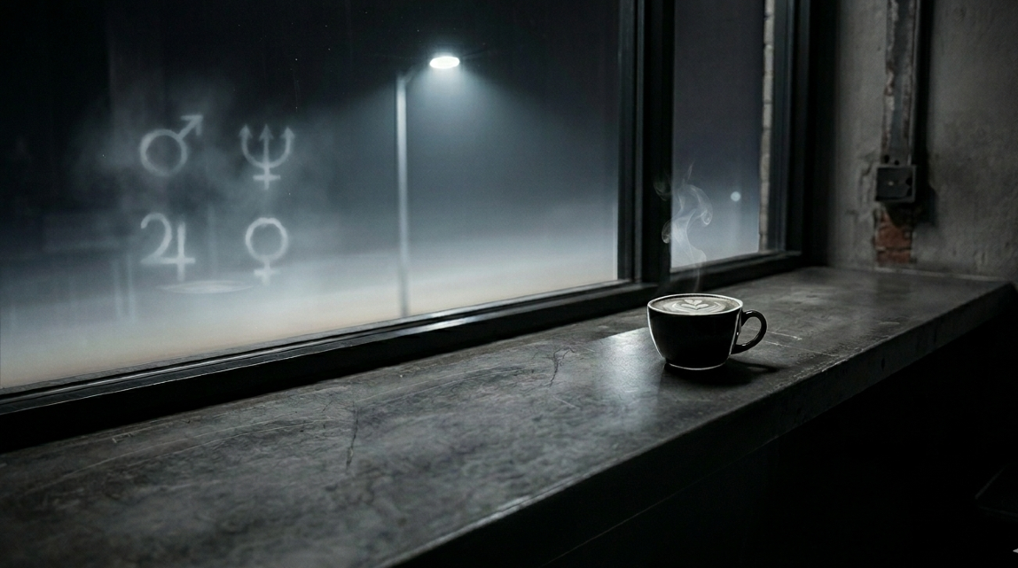 Crna šolja kafe na mračnom prozoru sa odsjajem ulične svetiljke u magli i diskretnim astrološkim simbolima na staklu. Urban noir estetika.