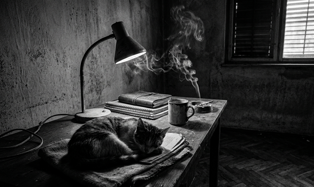 Crno-bela fotografija radnog stola u polumrtaku, lampa, sveske i šolja. pepeljara sa cigaretom koja dogoreva i mačka koja spava na stolu.