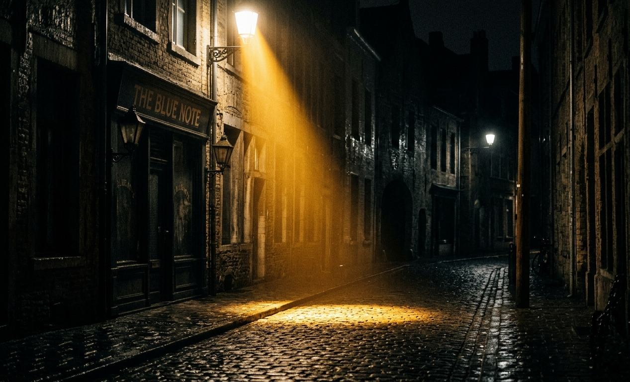 Dramski reflektor osvetljava praznu tamnu ulicu noću, zlatno svetlo seče mrak, noir atmosfera, duboke senke, kinematografski ugao — Solarna eklipsa u Lavu, avgust 2026.