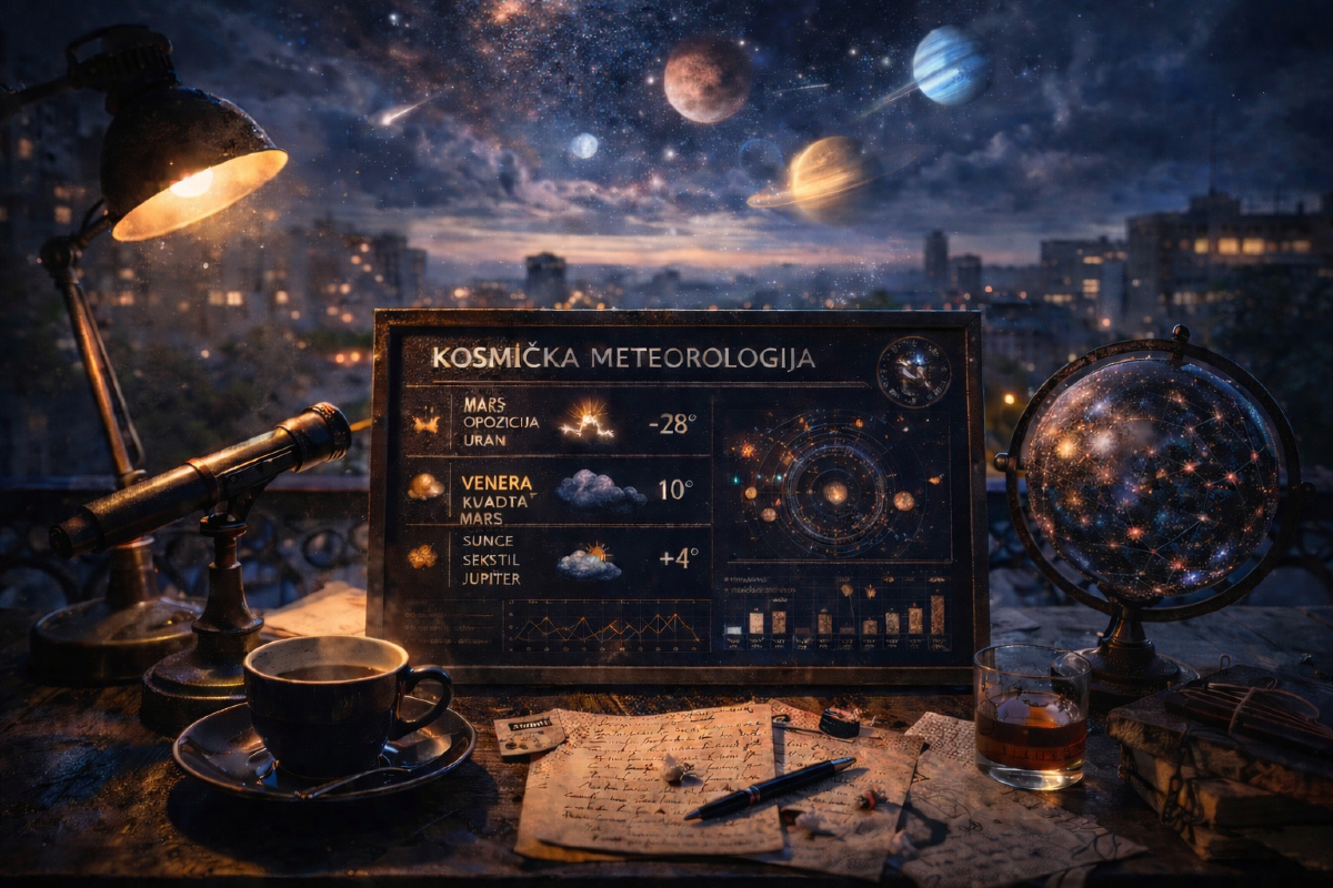 Radni sto na kome je tabla sa tranzitima planeta kao u vremenskoj prognozi, na stolu lampa, soljica sa kafom, čađa žestokog pića. Pogled na nebo sa planetama iznad grada.