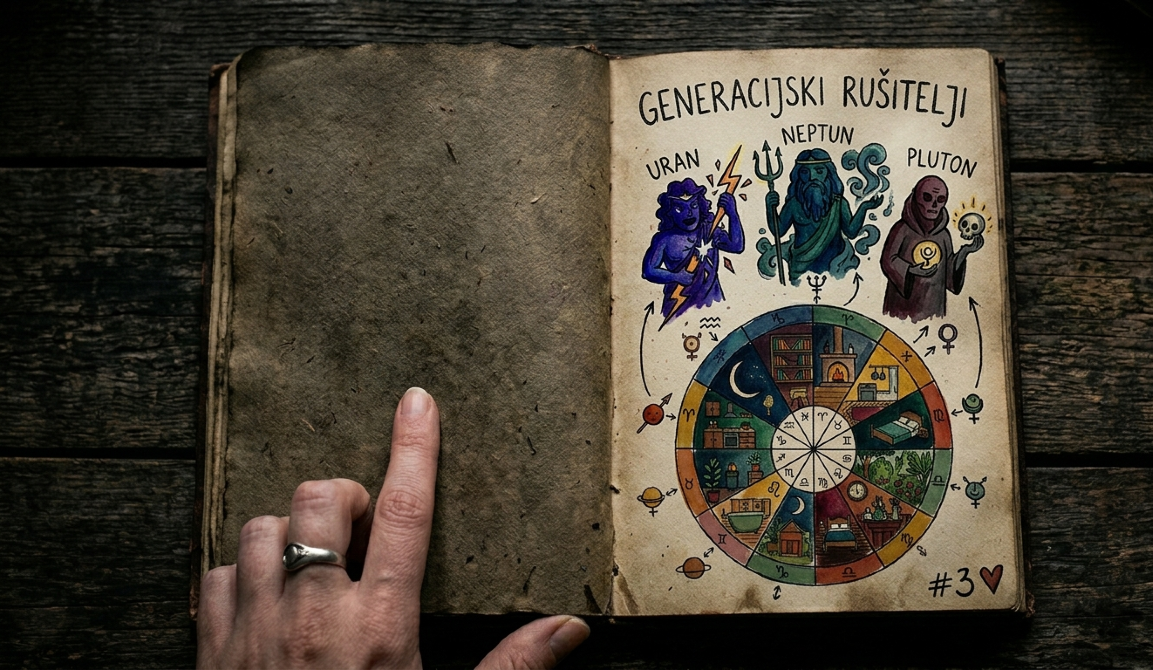 Crtež u mračnoj Astrosvesci: moćne figure Urana, Neptuna i Plutona dominiraju stranicom iznad natalnog kruga, na starom drvenom stolu.