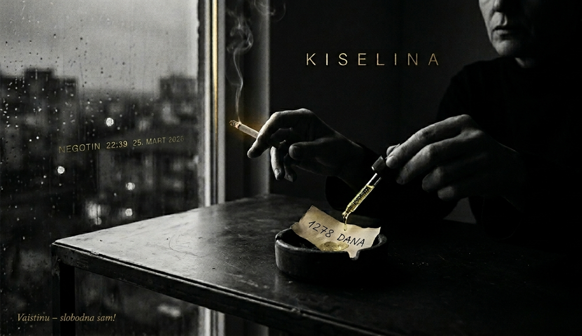 Crno-beli noir prikaz: ruka sa cigaretom iznad pepeljare u kojoj kiselina rastvara papir 1278 DANA. Minimalistički zlatni natpis Kiselina.