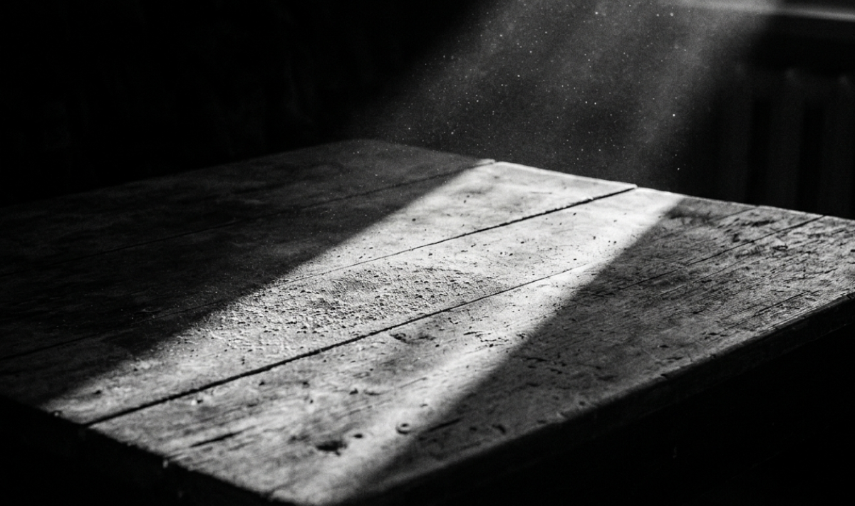 Crno-bela fotografija krupnog plana grubog, drvenog stola u polumraku, osvetljenog oštrim, dijagonalnim zrakom jutarnjeg sunca koji otkriva čestice prašine u vazduhu i na površini drveta.