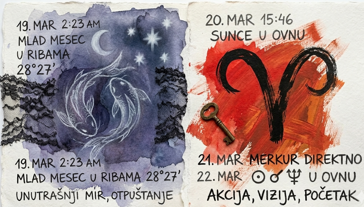 Mixed media kolaž: prelaz iz plavih Riba u crvenog Ovna. Ručni zapis na grubom papiru sa astrološkim simbolima Sunca u konjunkciji sa Neptunom (☉☌♆). Autentičan izgled astro dnevnika.