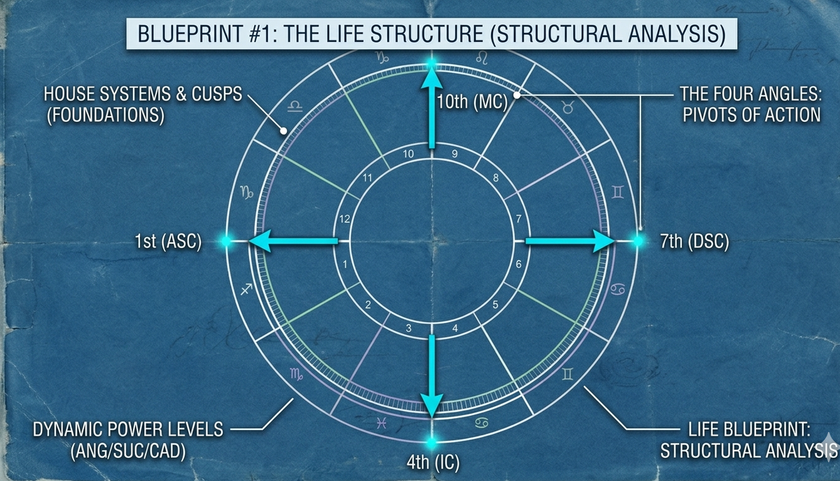 Technical blueprint of an astrological chart showing house structures, angular houses, and dynamic power levels in dark blue architectural style.
