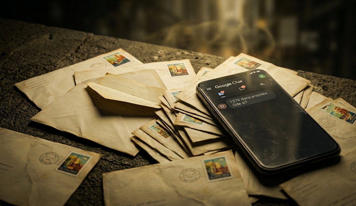 Gomila starih, požutelih pisama, smart telefon na kome se jasno vidi Google Chat i poruka "1278 dana prepiske...Gde si?"