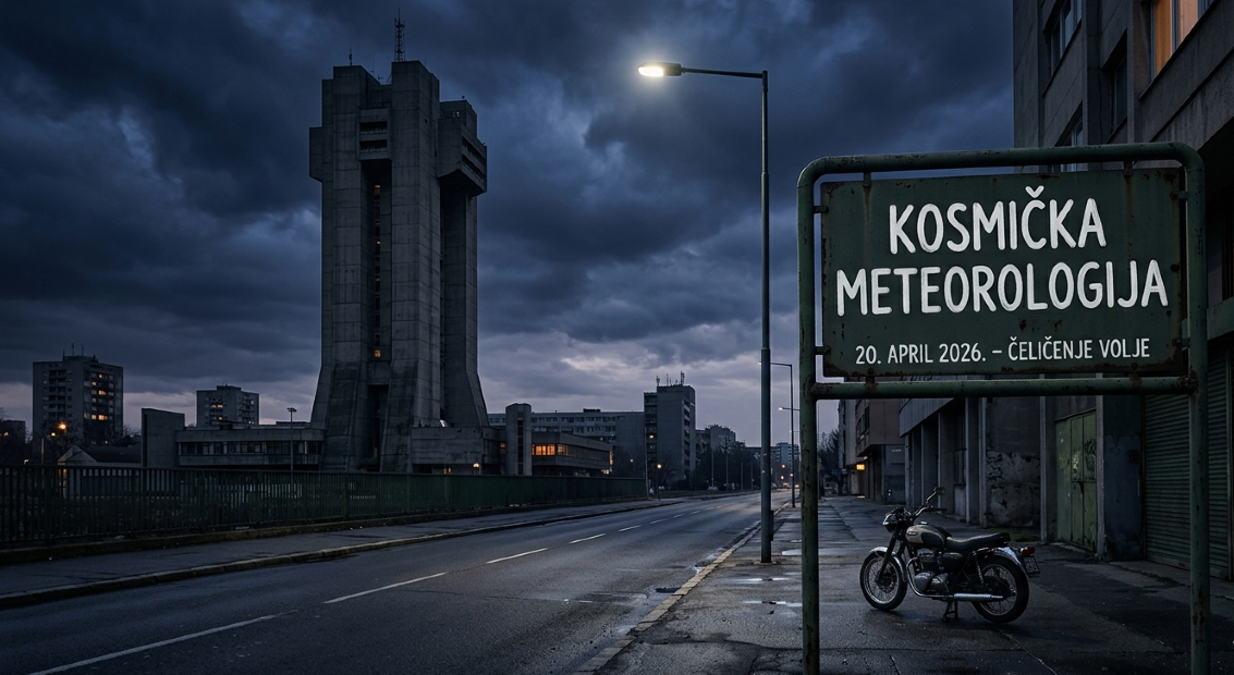 Indigo-plavi sumrak nad praznom ulicom. Stara metalna tabla sa natpisom Kosmička meteorologija stoji pored parkiranog motocikla u senci brutalističke kule.