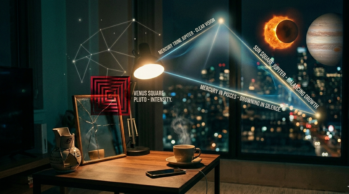 Noćni enterijer sa šoljom kafe na drvenom stolu modernog telefona. Kroz prozor se vidi zamagljen grad, a na nebu su simbolično prikazani Jupiter, Sunce i astrološki aspekti.