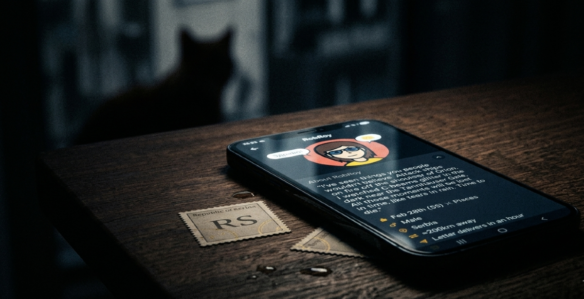 Pametni telefon sa RobRoy profilom i Blade Runner citatom na tamnom stolu pored RS poštanske markice. Noir atmosfera sa siluetom mačke u senci i oštrim kontrastom svetla.