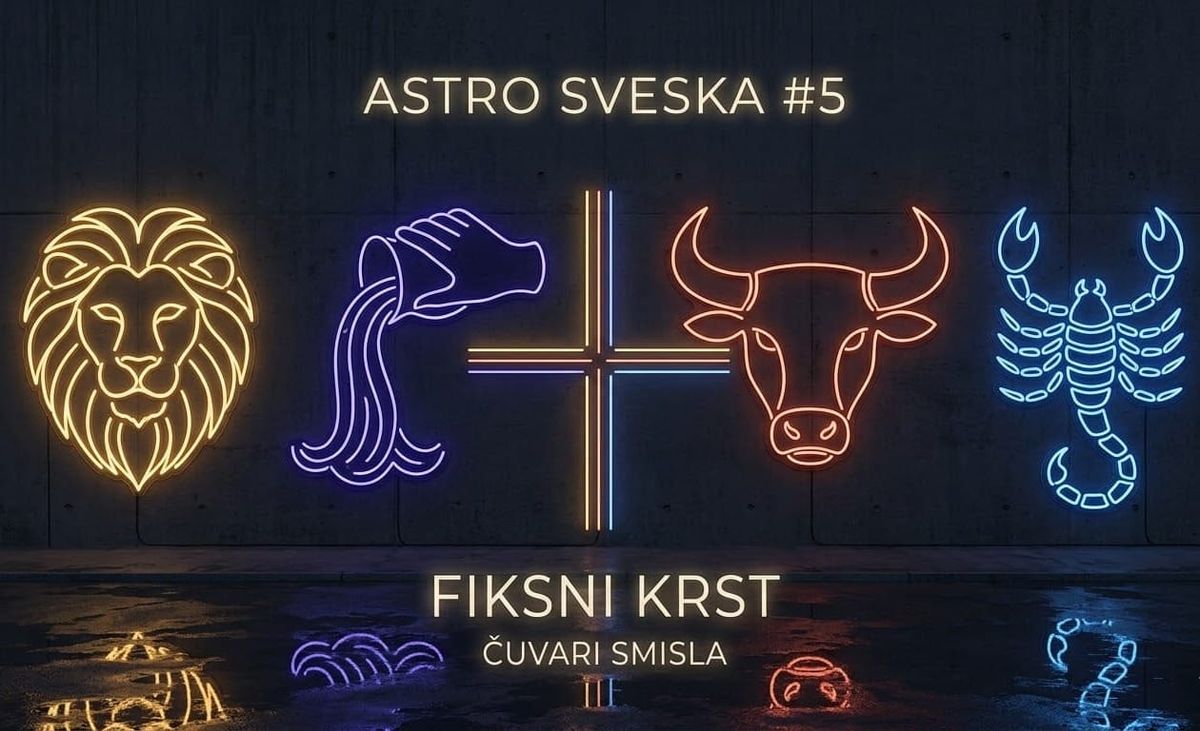 Četiri neonska astrološka simbola — Bik, Lav, Škorpija i Vodolija — svetle u narandžastoj, crvenoj i plavoj boji. Ispod njih je ispisan tekst „Astro sveska #5 Fiksni krst Čuvari smisla”.