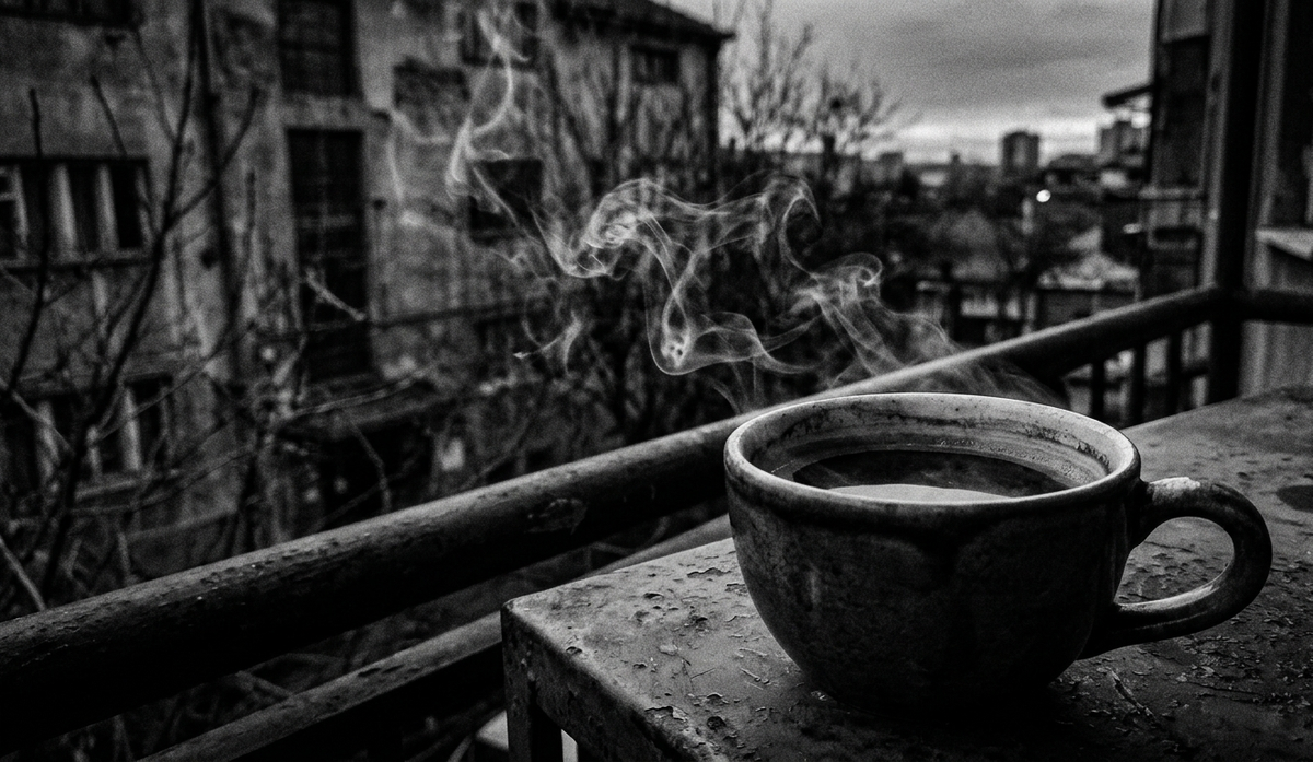 Crno-bela fotografija kafe u noir stilu, zrnasta tekstura.