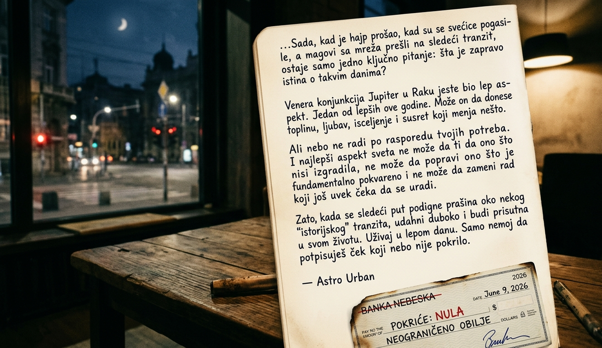 Sveska sa tekstom o tranzitu i lažnim čekom "Banke Nebeske" na kome piše "Pokriće: Nula" na drvenom stolu. U pozadini se kroz prozor vidi mračna ulica u urban noir stilu.