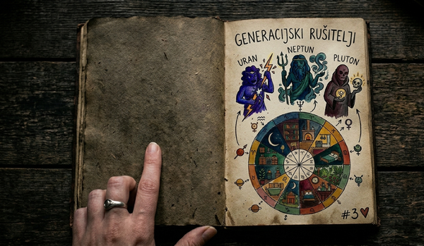 Crtež u mračnoj Astrosvesci: moćne figure Urana, Neptuna i Plutona dominiraju stranicom iznad natalnog kruga, na starom drvenom stolu.