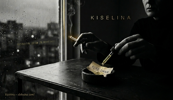 Crno-beli noir prikaz: ruka sa cigaretom iznad pepeljare u kojoj kiselina rastvara papir 1278 DANA. Minimalistički zlatni natpis Kiselina.