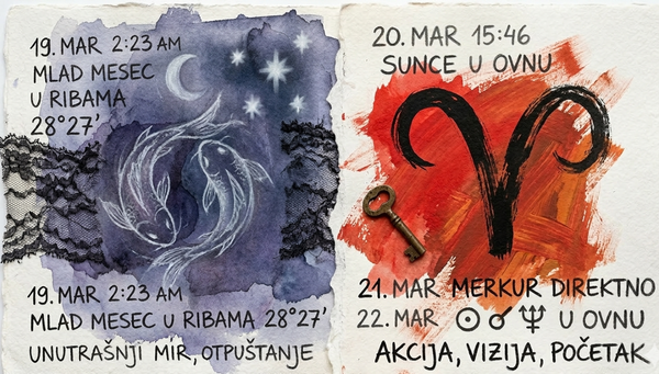Mixed media kolaž: prelaz iz plavih Riba u crvenog Ovna. Ručni zapis na grubom papiru sa astrološkim simbolima Sunca u konjunkciji sa Neptunom (☉☌♆). Autentičan izgled astro dnevnika.