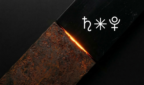 Minimalistički prikaz sudara glatkog crnog mermera i rđavog metala sa simbolima Saturna, sekstila i Plutona. Industrijska estetika koja predstavlja astrološki aspekt arhitekte i bagera.