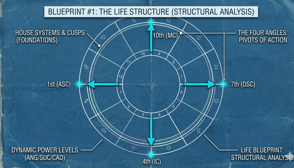 Technical blueprint of an astrological chart showing house structures, angular houses, and dynamic power levels in dark blue architectural style.