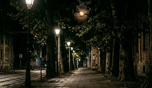 Prazna noćna beogradska ulica sa drvoredom, osvetljena starinskim fenjerima, pod jasnim punim mesecom u daljini. Idealno za mračnu, Škorpijsku atmosferu.