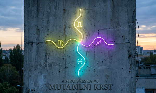 Betonski zid, četiri neonske cevi u bojama: žuta, maslinasta, ljubičasta i boja mora. Neoni su blago zatalasani, formirajući "mekši" krst. Tekst: ASTRO SVESKA #6 -MUTABILNI KRST