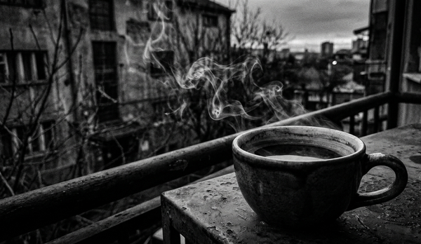 Crno-bela fotografija kafe u noir stilu, zrnasta tekstura.