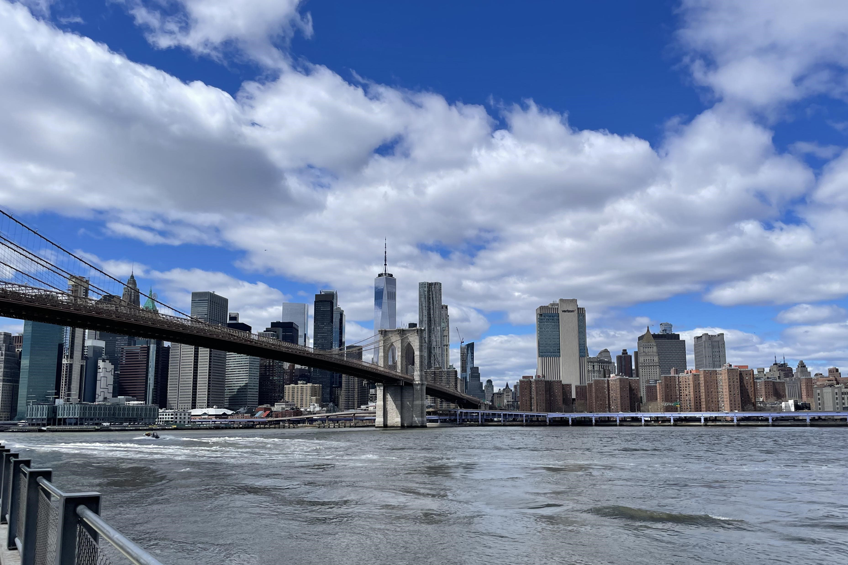 A view of Brooklyn Bridge and the NYC skyline, from the Dumbo neighborhood.