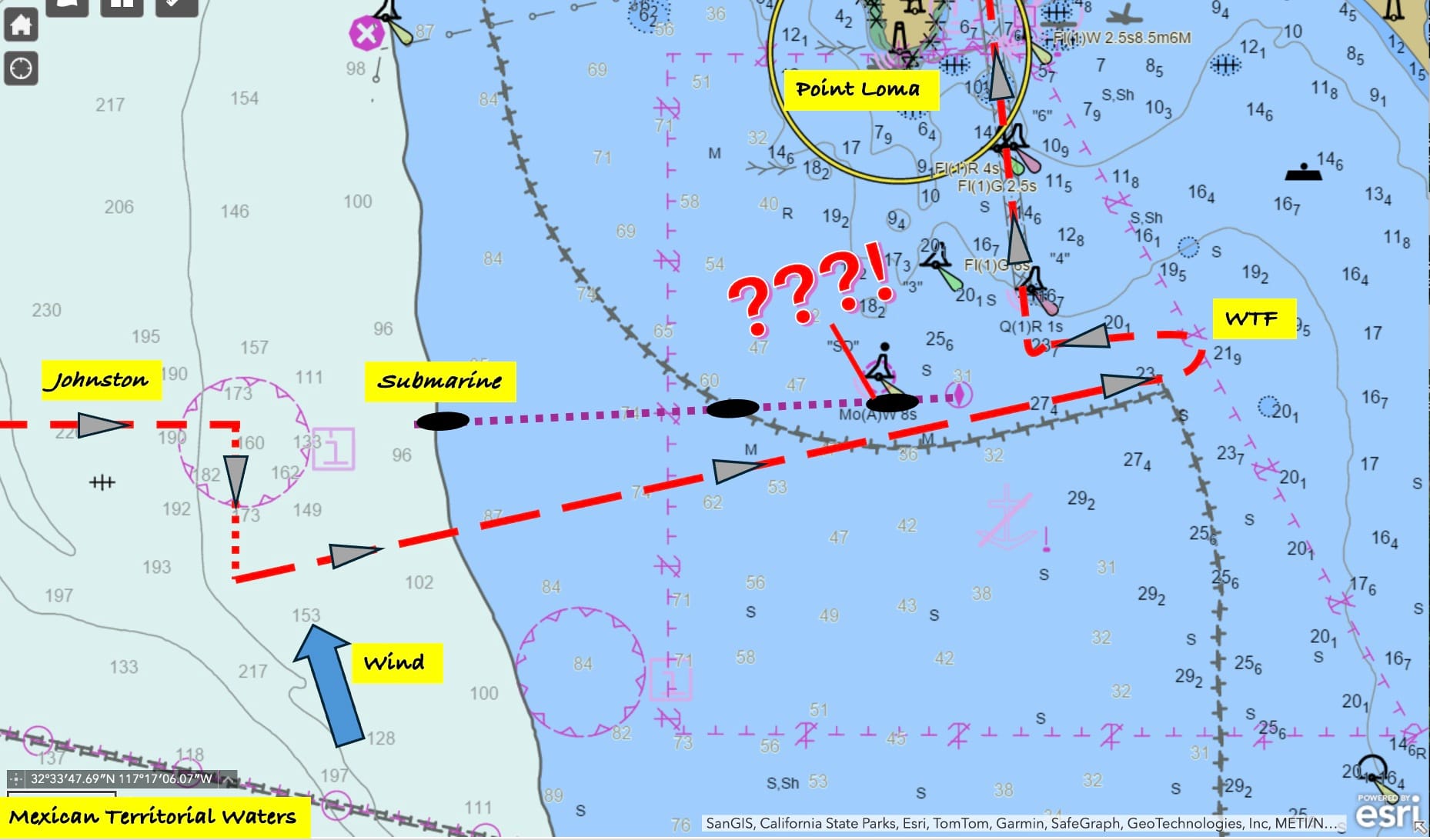 A nautical chart showing the path Johnston took.