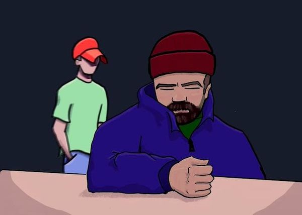 A drawing of a man seated at a table struggling with difficult emotions, and a boy standing in the background.