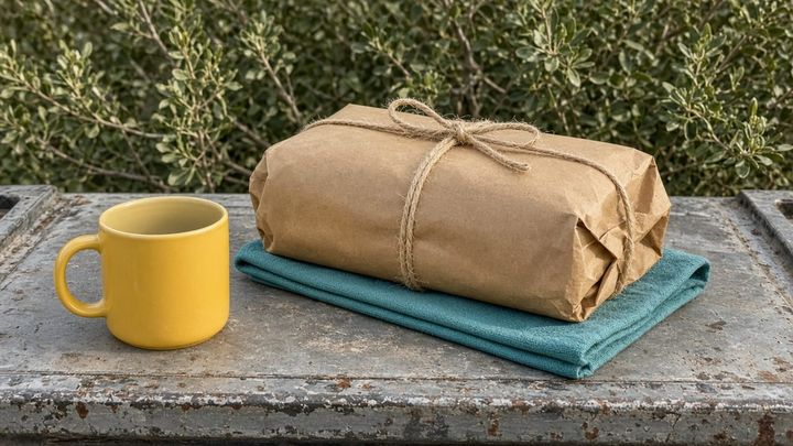 A butcher-paper bundle on a tailgate beside a sunflower-yellow mug, handheld iPhone photo in morning light.