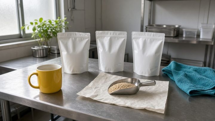 Unlabeled snack bags on a stainless packing table beside a sunflower-yellow mug and a teal towel, handheld iPhone photo in morning window light.
