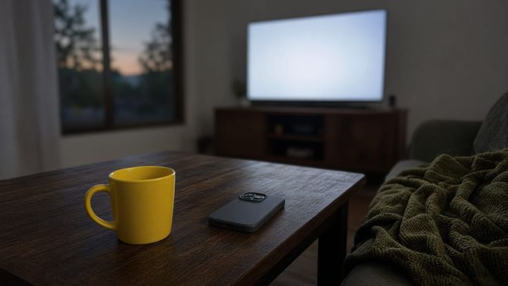 Phone face-down on a coffee table in a dim living room, sunflower-yellow mug and olive throw nearby, handheld iPhone photo with window light and a blank TV glow.