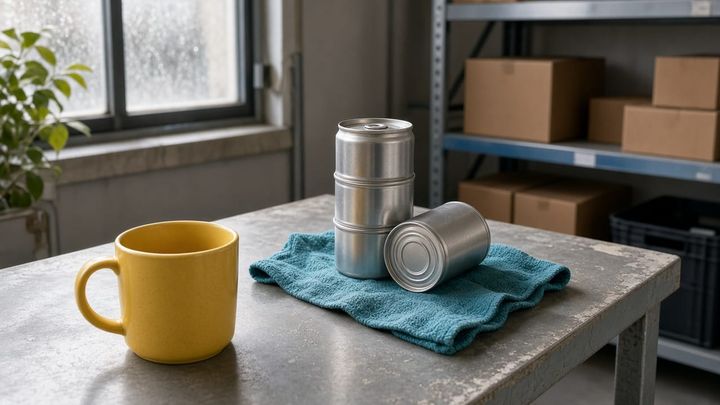 Unlabeled aluminum cans on a warehouse table beside a sunflower-yellow mug and a teal towel, handheld iPhone photo in morning light.