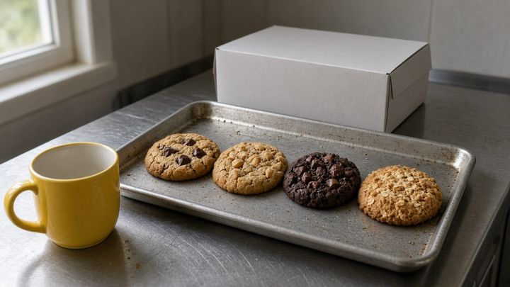 Four unlabeled cookies on a worn sheet pan beside a plain unmarked bakery box and a sunflower-yellow mug, handheld iPhone photo on a kitchen counter in morning window light.