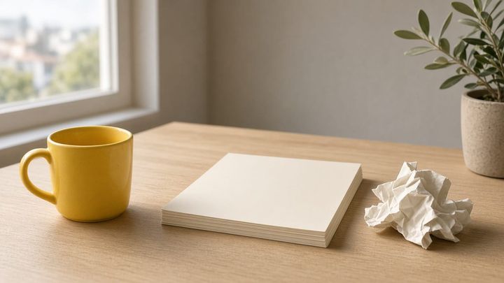 Office desk with blank cream stationery, a crumpled extra sheet, a sunflower-yellow mug, and a small olive plant, handheld iPhone photo in window light.