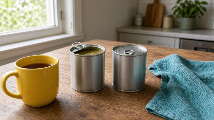 Two unlabeled cans, one open, on a kitchen table beside a sunflower-yellow mug, handheld iPhone photo in morning window light.