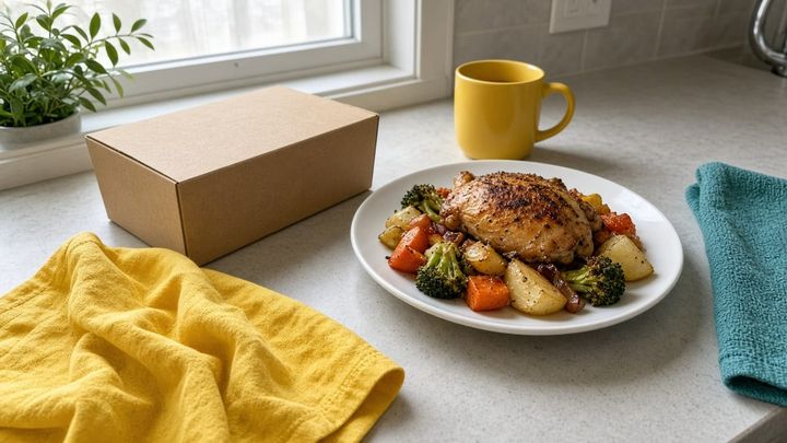 A plain frozen-meal tray on a kitchen counter beside a sunflower-yellow napkin and a teal towel, handheld iPhone photo in morning window light.