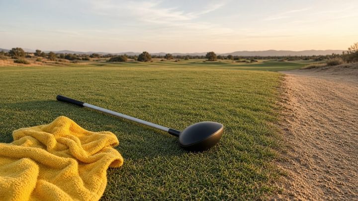 Empty tee box at golden hour with an unlabeled driver in the grass and a sunflower-yellow range towel, handheld iPhone photo, no people.