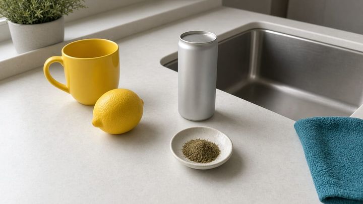 Unlabeled slim beverage can on a kitchen counter beside a small dish of botanical powder and a sunflower-yellow mug, handheld iPhone photo in morning window light.