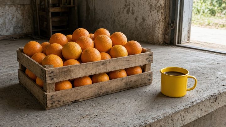 Loose navel oranges in a wooden field crate on a packhouse dock beside a sunflower-yellow enamel mug, handheld iPhone photo in mid-morning light.