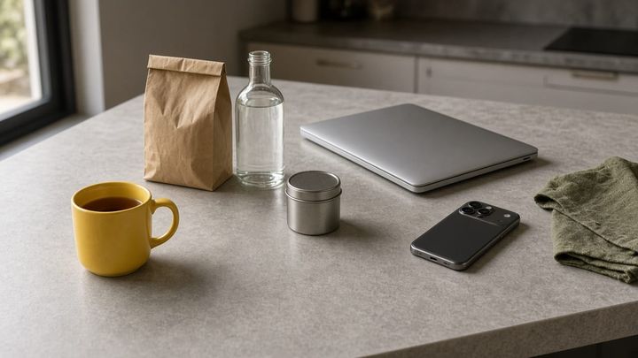 Closed laptop and unlabeled grocery items on a kitchen island beside a sunflower-yellow mug, handheld iPhone photo in morning window light.