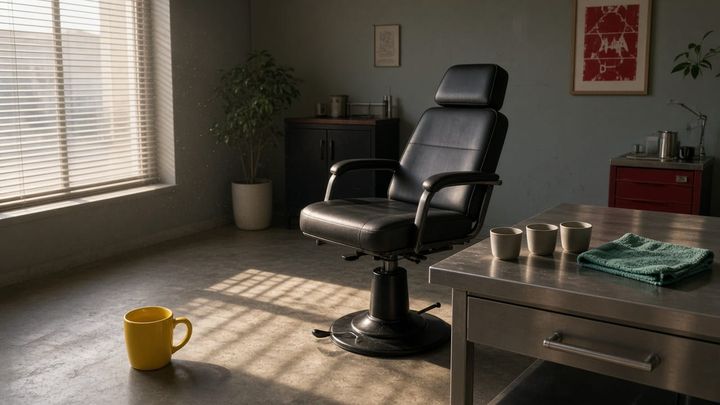 Empty tattoo studio chair beside unlabeled ink cups, a sunflower-yellow mug, and a teal towel on a small table, handheld iPhone photo in morning window light.